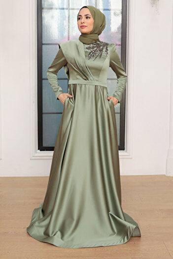 Neva Style Beaded Green Hijab Evening Dress 22441Cy