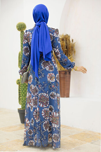 Neva Style Çiçek Desenli Indigo Mavisi Tesettür Elbise 279320ım