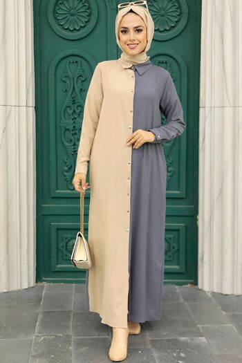 Neva Style Block Colored Smoked Hijab Dress 3437Fu
