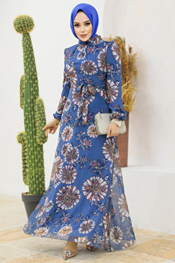 Neva Style Çiçek Desenli Indigo Mavisi Tesettür Elbise 279320ım