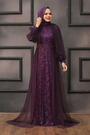 Neva Style Purple Hijab Evening Dress with Cape 55190Purple