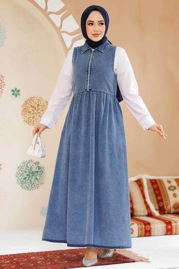 Neva Style Denim Dark Blue Hijab Gilet Dress with Zipper 19135Km