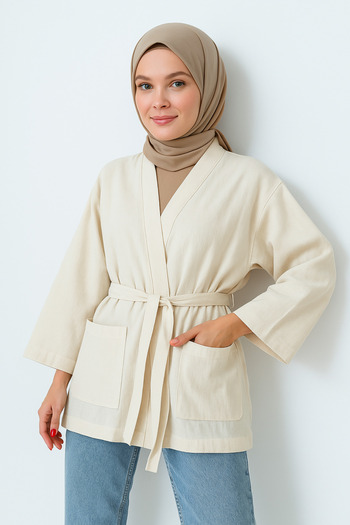 mirach Cream Women's Pocket Jacket |   Long Sleeve Belted Kimono |   Premium Raw Cotton Fabric