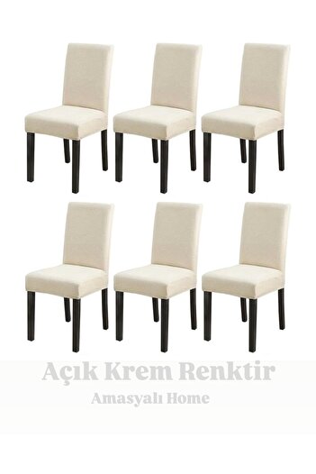 AMASYALI HOME Sandalye Kılıfı 6 Adet Krem Bambu Piti Kare Desenli Likralı Kumaş Lastikli Sandalye Örtüsü