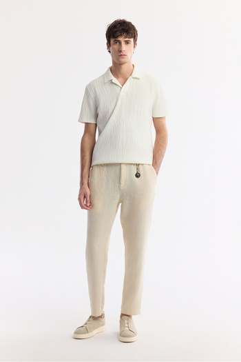 Avva Men's Relaxed Fit Beige Elastic Waist 100% Linen Trousers B003032