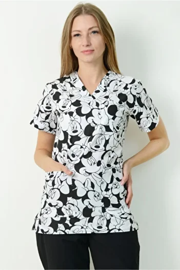 ModaCanel V-Neck Women's Black Mickey Patterned Medical Jersey Top Jacket