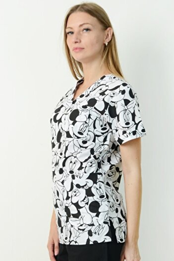 ModaCanel V-Neck Women's Black Mickey Patterned Medical Jersey Top Jacket