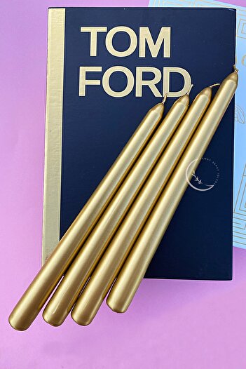 SANAT SEPET İŞLERİ Premium Seri Kokulu Gold Rengi Sedefli Konik Şamdan Mum - 4'lü Set