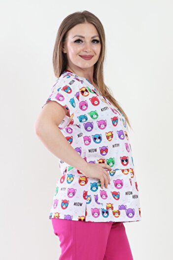 ModaCanel Fashion Canel V-Neck Ladies Colorful Cats Pattern Medical Jersey Top Jacket