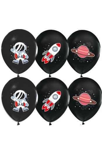 Parti dolabı 12 Pack Space Themed Latex Black Balloon Astronaut in Space Cosmic Galaxy Printed 12" (30 Cm)