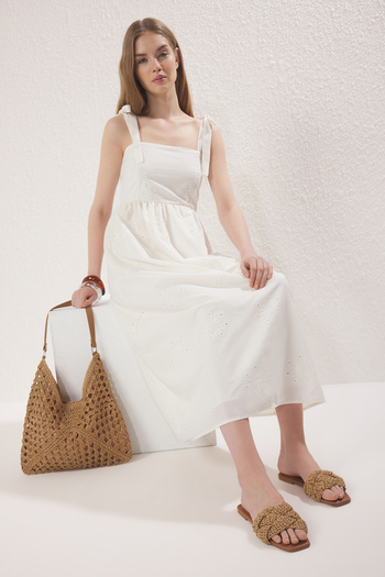 TRENDYOL SHOES Γυναικείες ψάθινες παντόφλες Camel Knit TAKSS25TE00030