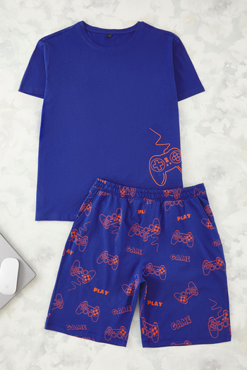 Trendyol Collection Marineblaues, reguläres bedrucktes Homewear-Pyjama-Set TMNSS25PT00060