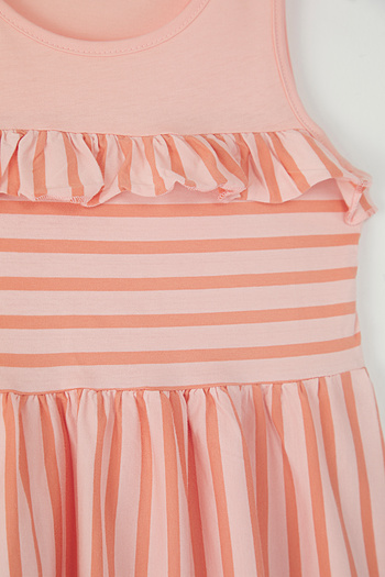 TRENDYOLKIDS Pink Girl 100% Cotton Striped Sleeveless Mini Eid Knitted Dress Tkdss25El00062