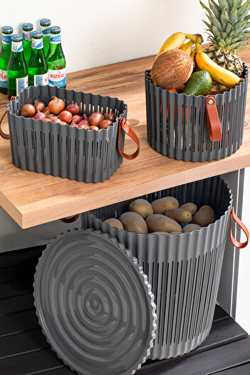 Porsima 4314 Anthracite 3-Piece Basket Set – Bathroom Kitchen Organizer, Countertop and Dirty Laundry Basket