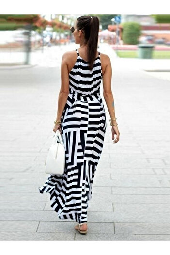 buğrahayalin Women's Adjustable Strap Geometric Pattern Belted Elastic Single Jersey Dress