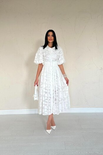 anizmir Eyesof Ecru Belted Balloon Sleeve Dress