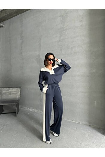 VESS MODA Women's Premium Quality Stripe and Snap Detailed Modal Fabric Bottom Top Tracksuit Set