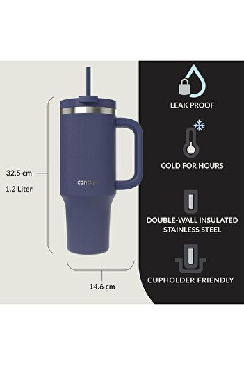 Contigo Kulplu Termos Bardak - Tumbler - Paslanmaz Çelik - Pipetli & Kapaklı – 29 Saat Soğuk