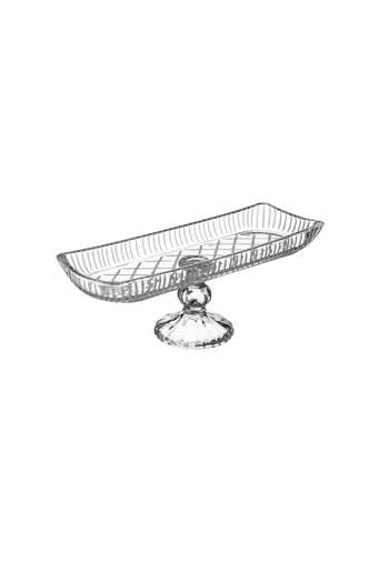 Dania Glass serving dish with an elegant design base, suitable for pastries, desserts, fruits, and all uses. Size: 38*13 cm.