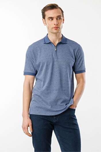 Desen Triko Men's Zippered Jacquard T-Shirt Navy Blue