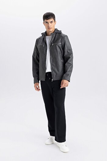 DeFacto Slim Fit Kunstledermantel Slim Fit Kapuzenreißverschluss R2523AZ25SP