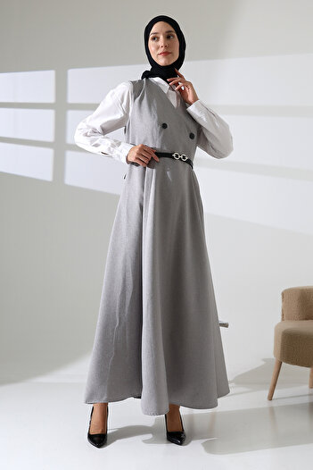 Mihran Butik Women's Woven Buttoned Belted Gray Gilet Dress
