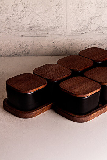 Snippy Luma Black - 10 Piece Tray Wooden Vacuum Lid Ceramic Breakfast Bowl Snack Bowl 300 ml