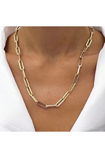 neslyaccessories Kuyumcu Serisi 14k Altın Işıltılı Büyük Oval Ataç Zincir Kolye