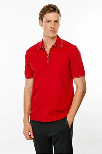 Desen Triko Men's Red Polo Collar Zippered T-Shirt