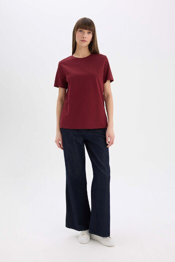 DeFacto Premium Burgundy T-Shirt - Regular Fit, Crew Neck, Short Sleeve A9428Ax25Sp