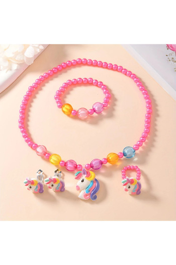 darko Unicorn Inci Boncuk Pembe 4lü Kolye Seti Pony Pegasus Kız Çocuk Kolye Küpe Bileklik Yüzük Tekboynuz