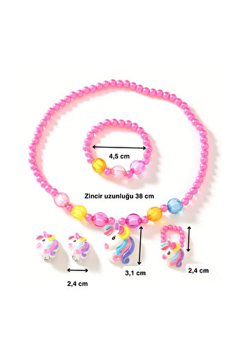 darko Unicorn Inci Boncuk Pembe 4lü Kolye Seti Pony Pegasus Kız Çocuk Kolye Küpe Bileklik Yüzük Tekboynuz