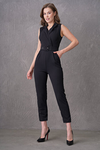 lovebox Belt Detailed Double Breasted Collar One Piece Black Jumpsuit 32044