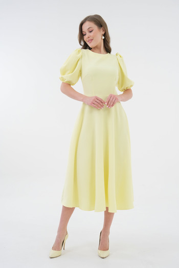 bayansepeti Yellow Atlas Fabric Crew Neck Princess Sleeve Detail Flared Cut Midi Length Yellow Dress 220