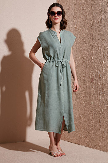 Via Dante Slit Comfort Fit V-Neck Midi Length Linen Dress Dress 6085544