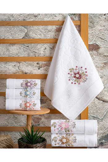 Hazangülü Buldan Üretim Dowry Embroidered Hazel Velvet 6-Piece Hand/Face Towel I 50X90