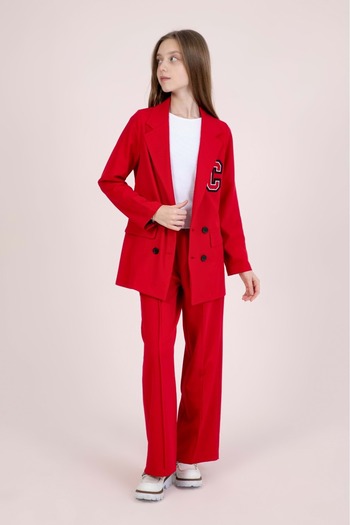wakawakakidsstore Crepe Fabric Appliqued Button Closure Bazer Jacket Suit - Red