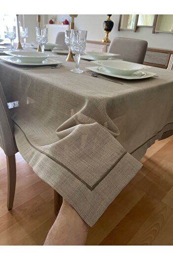 Zeren Home Piko Wrap Detailed Polyester Linen Carefree Table Cloth Stone Color