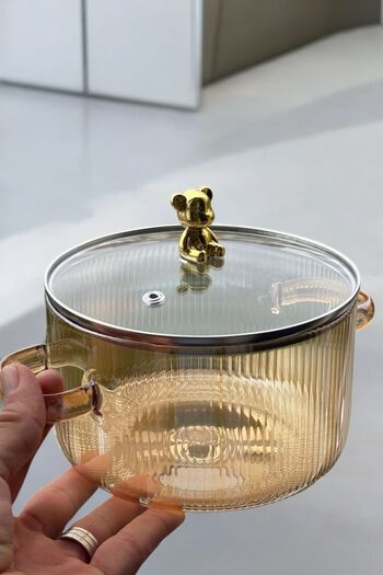 morponi Borosilicate Glass Amber Gold Detailed Teddy Bear Pot 1700 Ml