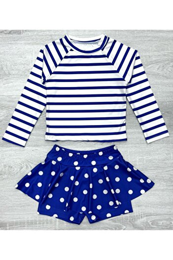 Lolliboomkids Girls White Blue Color Striped Long Sleeve Leggings with Skirt 2 Pieces Swimwear / Bikini Sets