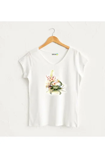 Kidilia Crab Design 100% Cotton Sea Treasures Series V-Neck Short Sleeve Women's Tshirt
