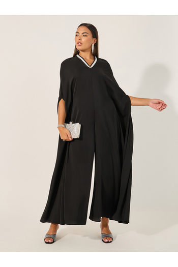 Styli Embellished V Neck Wide Leg Cape Jumpsuit