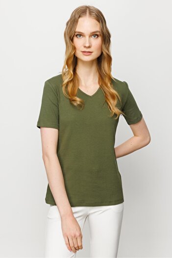 Desen Triko Women's V-Neck Camisole Cotton T-shirt Khaki