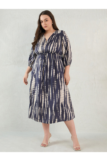 Femmella By Styli Plus Size Tie and Dye Print V Neck A-Line Midi Dress