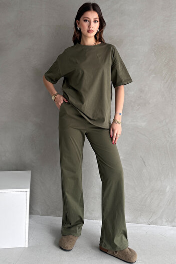 EYYE Haki Pamuklu Oversize Tişört Pantolon Kadın İkili Takım