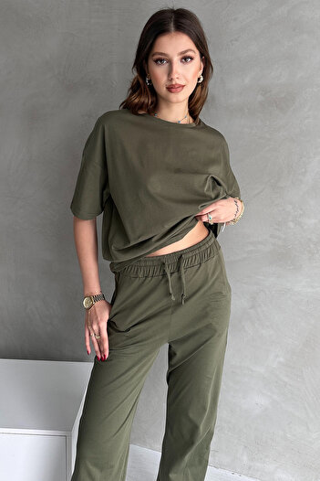 EYYE Haki Pamuklu Oversize Tişört Pantolon Kadın İkili Takım