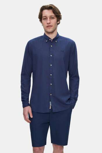 UCLA Jacquez Navy Blue Linen Embroidered Standard Fit Men's Shirt