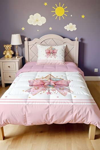 EVPANYA Pink Star Bow Patterned Single Quilt and Pillowcase