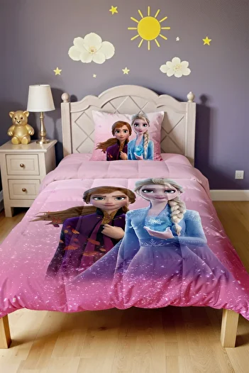 EVPANYA Pink Elsa and Anna Patterned Single Duvet and Pillow Case