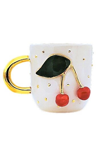 Monako Premium Kalite 24 Ayar Altınlı El Yapımı Kiraz Fincan Kirazlı Kupa Cherry Mug 160 ml 15crr